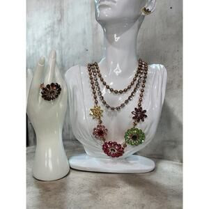 Y2K Coach Poppy Swarovski Crystal Flower Necklace, Earrings and Ring Size 8